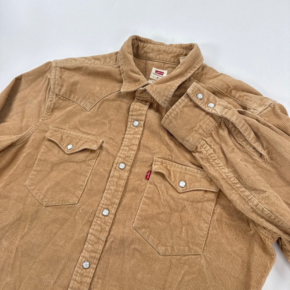 Levis Mens Shirt M Tan Corduroy Western Pearl Snap Button Up Overshirt Shacket